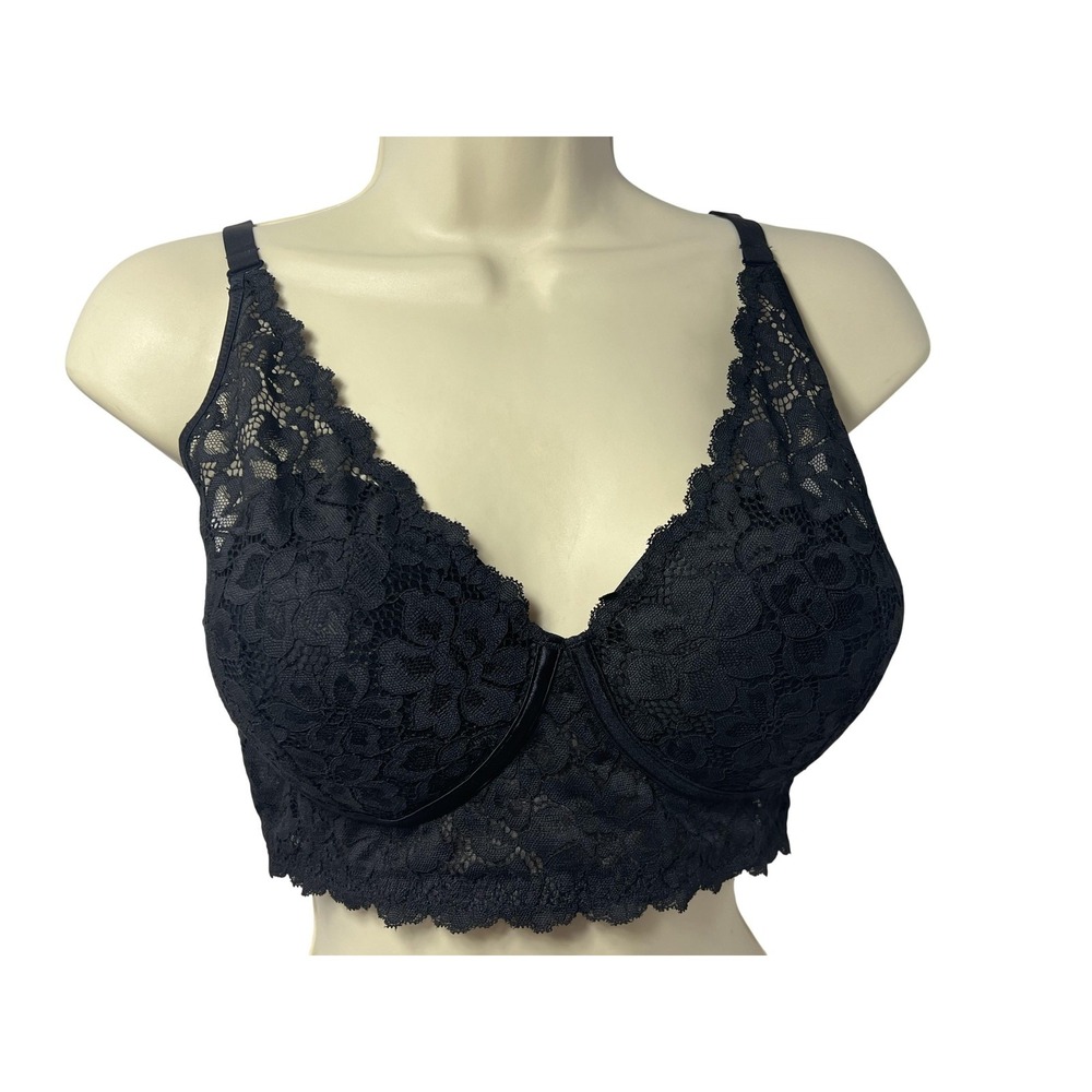 Maidenform Bra Womens 38D Black Floral Lace Underwire Longline Lightly Lined